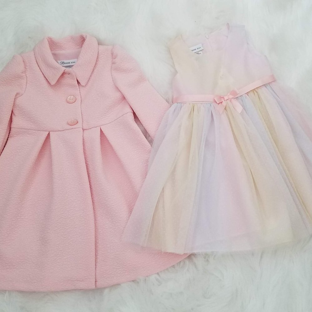 4T NWT BEAUTIFUL PINK COAT W/RAINBOW COLOR DRESS
